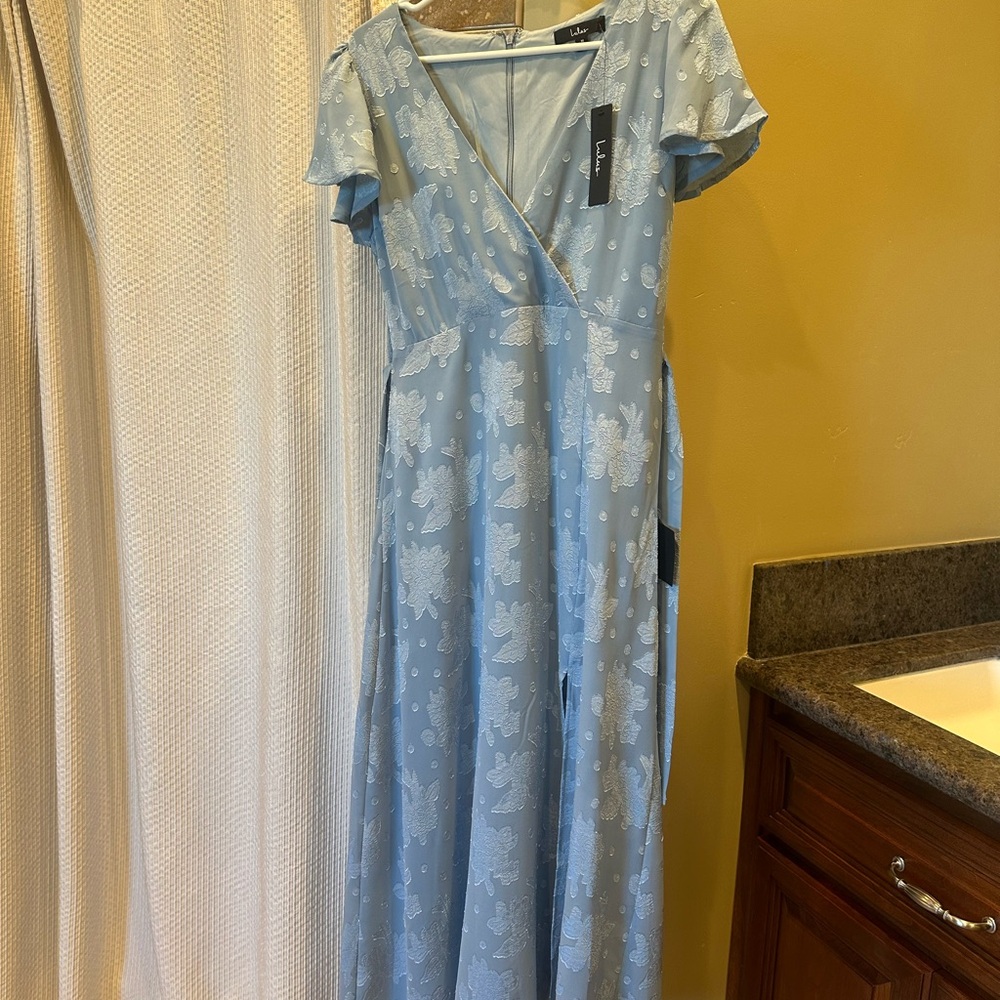 Lulu's Blue Puff Sleeve V-Neck A-Line Maxi Dress